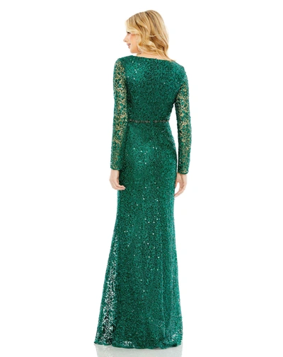 Mac Duggal Embellished Wrap Over Long Sleeve Gown In Emerald