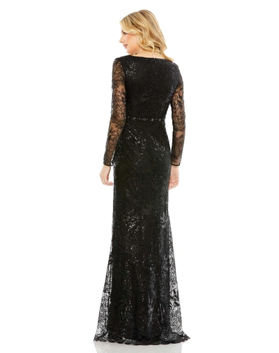 Shop Mac Duggal Embellished Wrap Over Long Sleeve Gown In Black