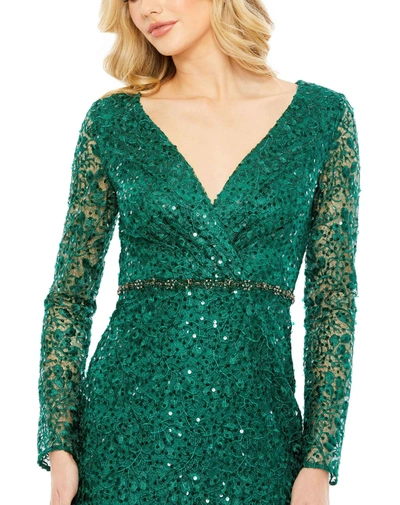 Mac Duggal Embellished Wrap Over Long Sleeve Gown In Emerald
