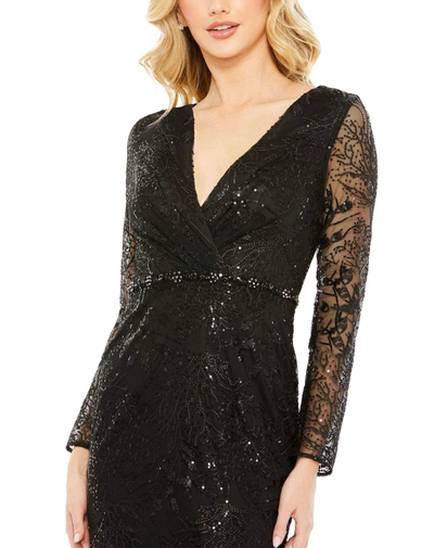Shop Mac Duggal Embellished Wrap Over Long Sleeve Gown In Black