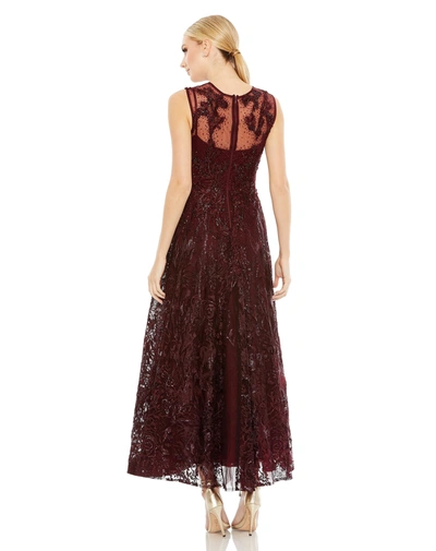 Shop Mac Duggal Embroidered High Neck Sleeveless Dress In Burgundy