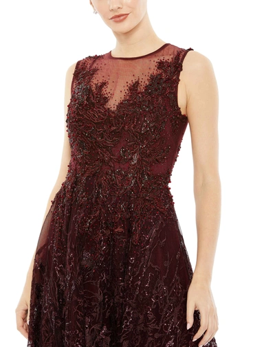 Shop Mac Duggal Embroidered High Neck Sleeveless Dress In Burgundy