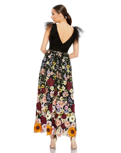 Mac Duggal Embroidered Ruched Flutter Sleeve A Line Dress In Black Multi