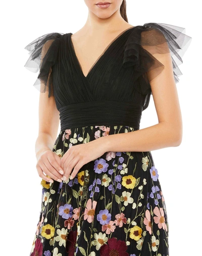 Mac Duggal Embroidered Ruched Flutter Sleeve A Line Dress In Black Multi