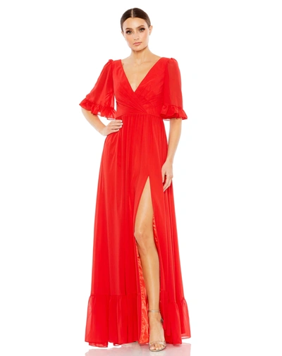 Shop Ieena For Mac Duggal Faux Wrap Ruffle Trim A Line Gown In Red