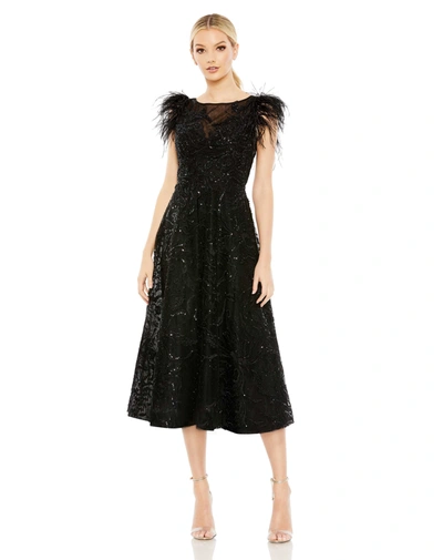 Mac Duggal Embellished Flutter Sleeve Bow Waist A Line Dress In Black
