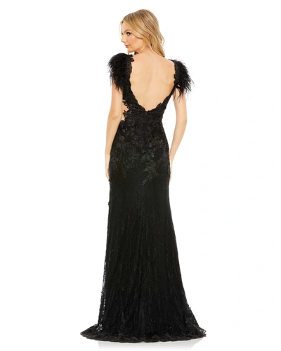 Mac Duggal Feather Floral Lace Sheath Gown In Black