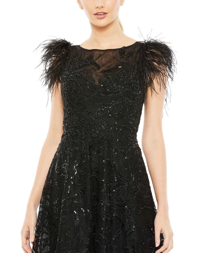Mac Duggal Embellished Flutter Sleeve Bow Waist A Line Dress In Black