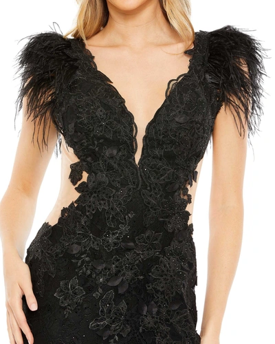 Mac Duggal Feather Floral Lace Sheath Gown In Black