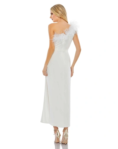 Shop Mac Duggal Feather Trim One Shoulder Draped Dress In White