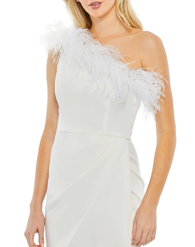 Shop Mac Duggal Feather Trim One Shoulder Draped Dress In White