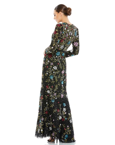 Mac Duggal Floral Embellished Long Sleeve Gown In Black Multi