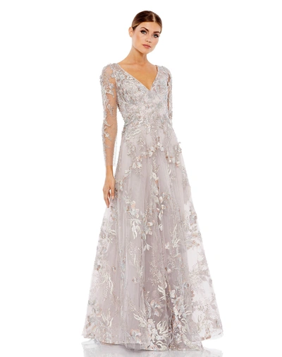 Mac Duggal Appliqued Illusion Long Sleeve A Line Gown In Vintage Lilac