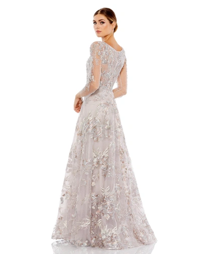 Mac Duggal Appliqued Illusion Long Sleeve A Line Gown In Vintage Lilac