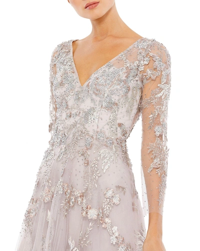 Mac Duggal Appliqued Illusion Long Sleeve A Line Gown In Vintage Lilac