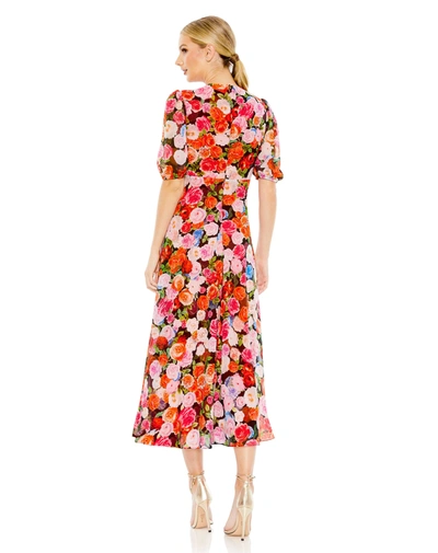 Ieena For Mac Duggal Floral Print Front Tie Puff Sleeve Flowy Midi Dress In Rose Multi
