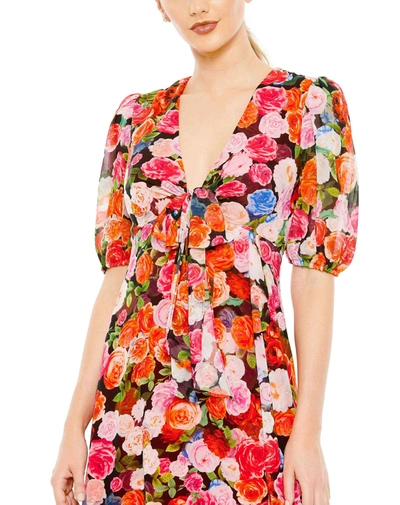 Ieena For Mac Duggal Floral Print Front Tie Puff Sleeve Flowy Midi Dress In Rose Multi
