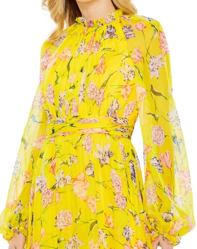 Shop Mac Duggal Floral Print Chiffon Ruched Raglan Sleeve Gown In Yellow Multi