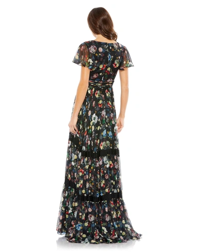 Mac Duggal Floral Print Pleated Wrap Over Butterfly Sleeve Dress In Black Multi