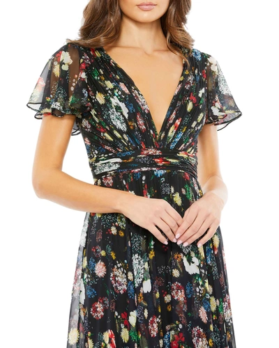 Mac Duggal Floral Print Pleated Wrap Over Butterfly Sleeve Dress In Black Multi