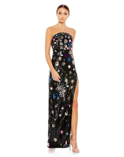 Shop Mac Duggal Floral Sequined Strapless Column Gown In Black Multi