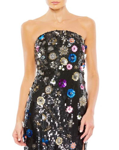 Mac Duggal Floral Sequined Strapless Column Gown In Black Multi