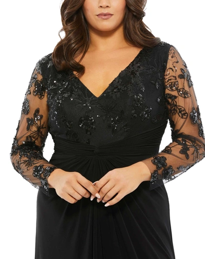 Mac Duggal Black Front Twist Embellished Illusion Long Sleeve Gown (plus) In Black