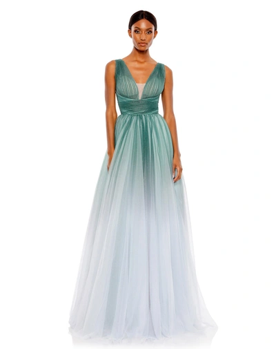 Shop Mac Duggal Glitter Ombre V Neck Sleeveless Gown In Jade Ombre