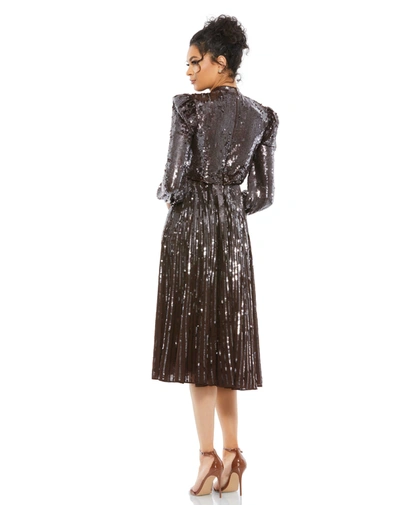Mac Duggal High Neck Long Sleeve Sequin Tea Length Gown In Dark Chocolate