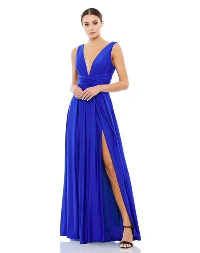 Shop Ieena For Mac Duggal Jersey Plunge Neck Evening Gown In Royal