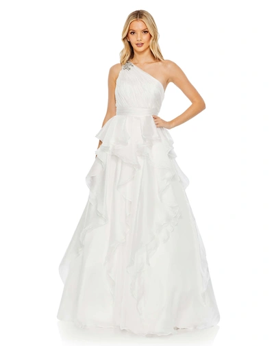 Shop Mac Duggal Jewel Broach One Shoulder Cascade Layered Gown In White