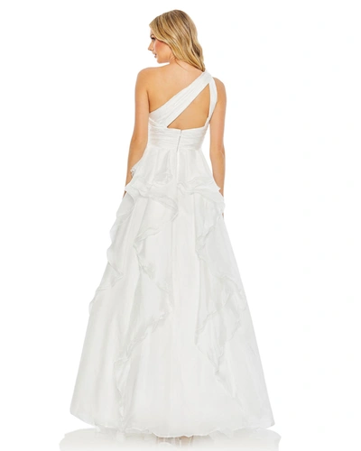 Shop Mac Duggal Jewel Broach One Shoulder Cascade Layered Gown In White