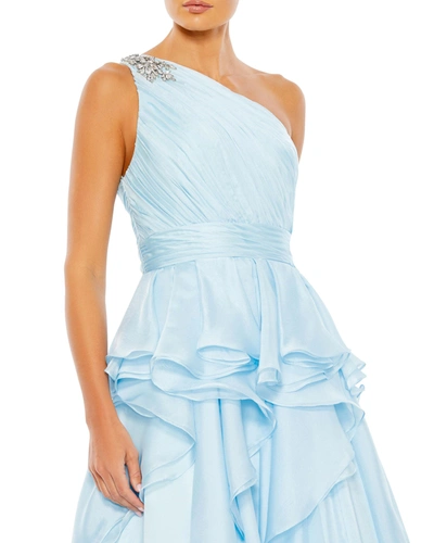Shop Mac Duggal Jewel Broach One Shoulder Cascade Layered Gown In Blue