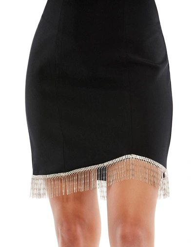 Mac Duggal Asymmetrical Long Sleeve Mini Dress With Beaded Fringe Detail In Black