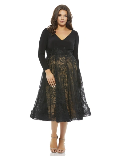 Shop Mac Duggal Long Sleeve Jersey & Lace Cocktail Dress (plus) In Black / Nude