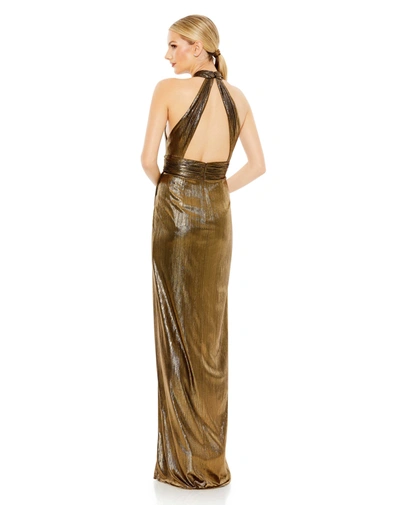Mac Duggal Metallic Criss Cross Halter Neck Gown In Green