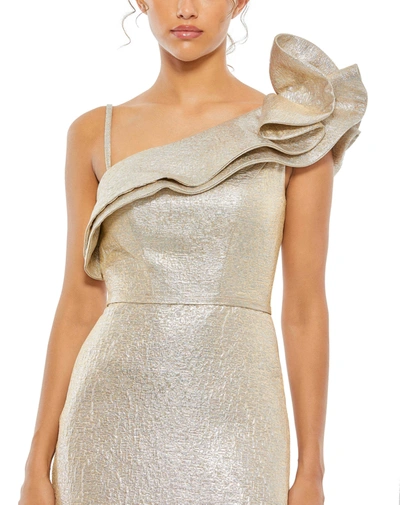 Shop Mac Duggal Metallic Asymmetrical Ruffle Shoulder Fit And Flare Dress In Oyster