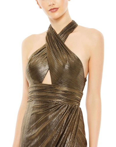 Mac Duggal Metallic Criss Cross Halter Neck Gown In Green