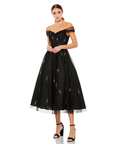 Mac Duggal Pearl Bead Off-the-shoulder Midi Dress In Black