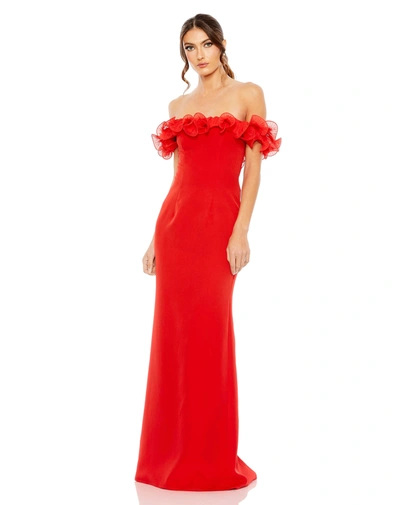 Shop Ieena For Mac Duggal Off The Shoulder Ruffle Detail Column Gown In Red
