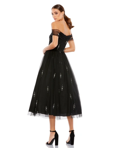 Mac Duggal Pearl Bead Off-the-shoulder Midi Dress In Black