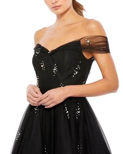 Mac Duggal Pearl Bead Off-the-shoulder Midi Dress In Black