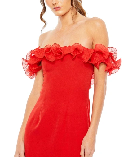 Shop Ieena For Mac Duggal Off The Shoulder Ruffle Detail Column Gown In Red