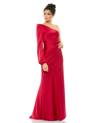 Shop Ieena For Mac Duggal One Shoulder Blouson Sleeve Gown - Final Sale In Ruby
