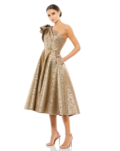 Shop Mac Duggal One Shoulder Bow Midi Dress In Antique Bronze