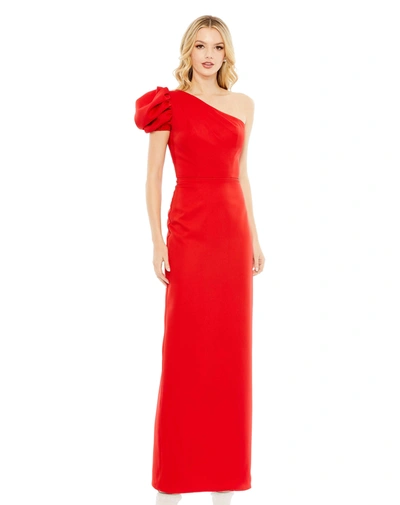 Shop Ieena For Mac Duggal One Shoulder Puff Sleeve Gown In Red