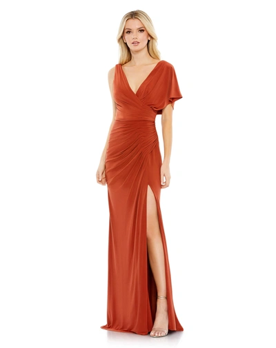 Mac Duggal One Shoulder Sleeve Scoop Back Jersey Gown In Brick