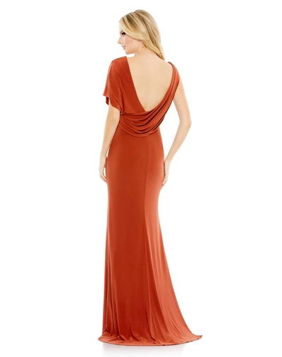 Mac Duggal One Shoulder Sleeve Scoop Back Jersey Gown In Brick
