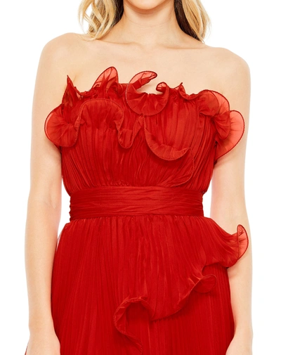Shop Mac Duggal Pleated Tiered Ruffled Strapless Gown In Red