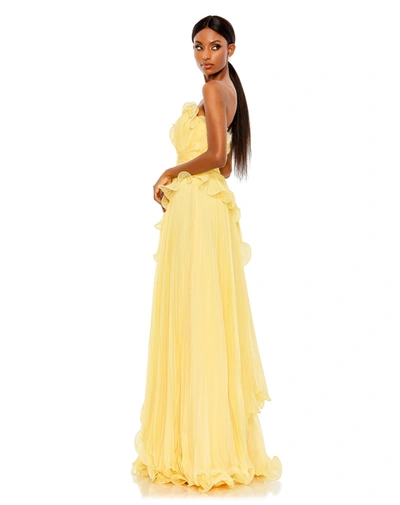 Shop Mac Duggal Pleated Tiered Ruffled Strapless Gown In Buttercup